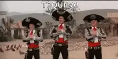 Three Mariachi Men Dancing and Shouting Tequila