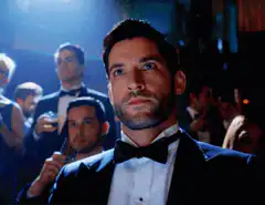 Tom Hardy as Lucifer holding up a bidding paddle