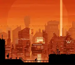 Pixel art cityscape with flying vehicles