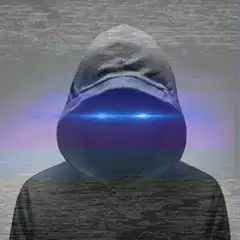 glitchy hooded figure with glowing visor