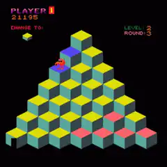 Red character navigating a pyramid of blocks
