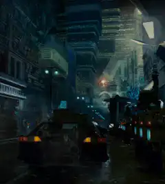 Flying car in rainy cyberpunk city