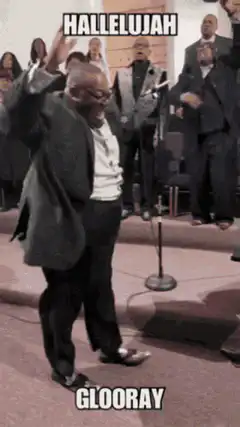 Man dancing joyfully with Hallelujah Glooray text