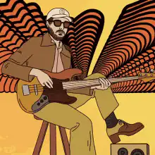 Man playing bass guitar with psychedelic wings