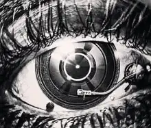 Eye with vinyl record pupil