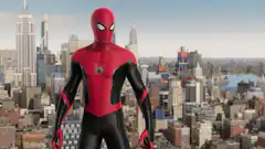 Spider-Man in suit overlooking city
