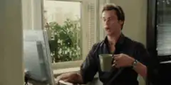 Patrick Dempsey drinking coffee and reacting