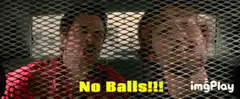 Two men behind a cage yelling No Balls