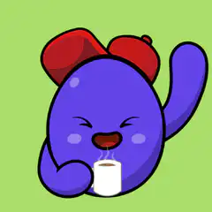 Purple character holding coffee saying GM