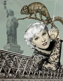 Woman smoking with chameleon and fairy man