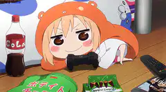 Anime girl playing video game with snacks