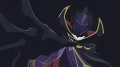Dark cloaked figure with purple helmet