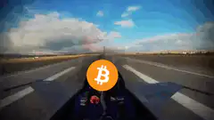 jet pilot flies over runway with bitcoin logo