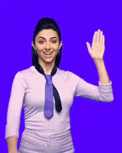 Woman waving and pointing at her hand
