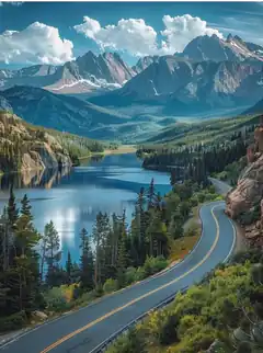 winding road through mountain lake valley