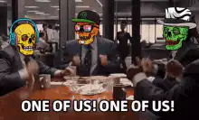 Three skull heads in suits clapping