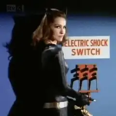 Catwoman holding electric shock switch