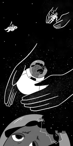 Hands holding Earth in space