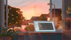 Coding laptop at sunset with birds