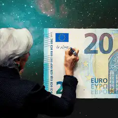 Elderly woman writing on euro banknote