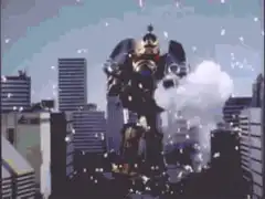 Giant robot transforming in city