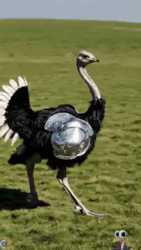 ostrich wearing a silver helmet