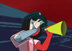 Woman with megaphone raises fist