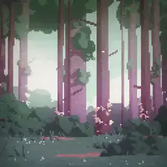 pixel art forest with glowing particles