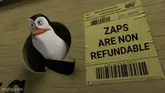 Penguin with Zaps Are Non Refundable label