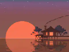 pixel art sunset house with shooting star