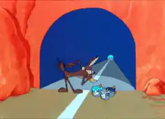Wile E. Coyote with paint cans in tunnel