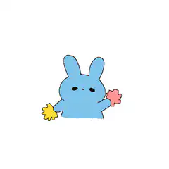 blue bunny holding yellow and pink flowers