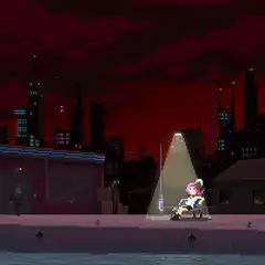 Pixel art couple on bench at night
