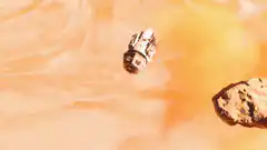Spaceship flying through orange clouds