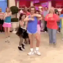 Arnold Schwarzenegger dancing in blue outfit