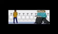 Line of men walking past urinals