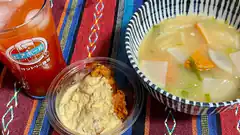 Japanese meal with curry and miso soup