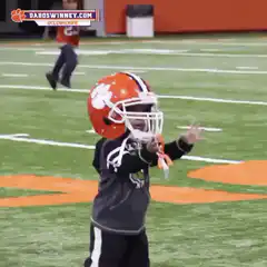 Toddler in Clemson helmet catches football