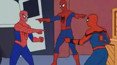 Three Spider-Men Pointing at Each Other