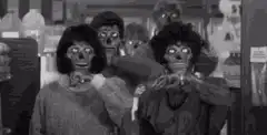 Glowing-eyed zombie family in black and white