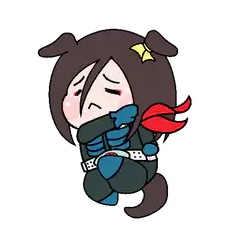 chibi character hugging self