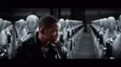 Will Smith surrounded by robots