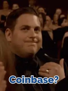 Jonah Hill smirking with Coinbase text