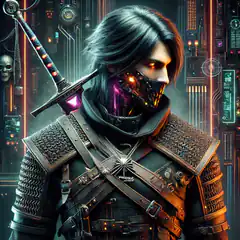 Cyberpunk warrior with glowing mask and sword