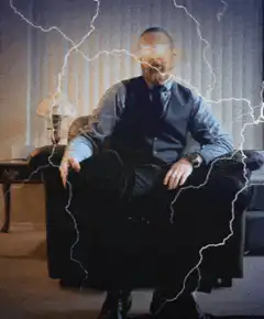 Man with glowing eyes and lightning