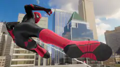 Spider-Man in black and red suit swinging