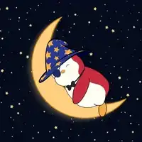 Sleeping penguin wizard on a crescent moon