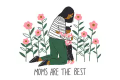 Mom and child hugging in flowers