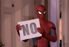 Spider-Man holding a NO sign