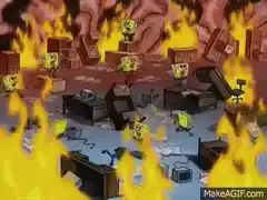 SpongeBob in a burning office